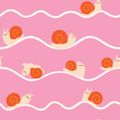 Seamless Adorable Snail Pattern. Cute Snail Texture with Wavy Lines