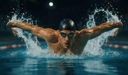 Photorealistic male swimmer mid-stroke in butterfly style with splashes and muscle tension. Concept of summer sport, power, form, speed, and elite competitive swimming.