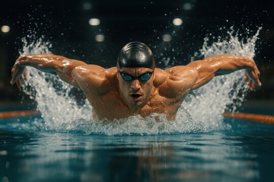 Photorealistic male swimmer mid-stroke in butterfly style with splashes and muscle tension. Concept of summer sport, power, form, speed, and elite competitive swimming.
