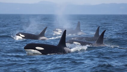 Fototapeta premium Group of Orcas Swimming in Clear Blue Ocean with Heads Above Water and Visible Fins
