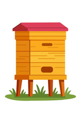 Wooden beehive box on grass, flat vector illustration of apiary equipment for honey production