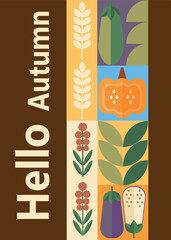 Autumn simple poster set. Autumn flyer set of designs Scandinavian mosaic. Banner autumn elements. Autumn design poster. Vector illustration.