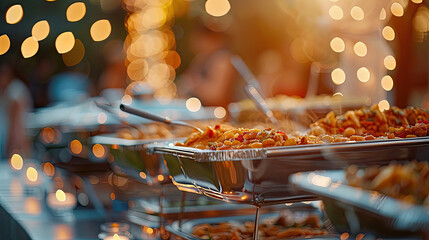 Close-up of banquet setup featuring rich food textures and festive lighting. Generative AI