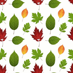 Fototapeta premium Pattern Vector Illustration of Autumn Leaves in Organic Style with Green Red and Yellow Colors