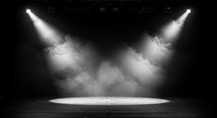 Spotlit empty stage with swirling smoke, creating a mysterious and dramatic theatrical atmosphere