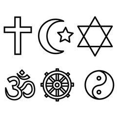 Religious Symbols Outline Set | Christianity, Islam, Judaism, Hinduism, Buddhism, Taoism Icons