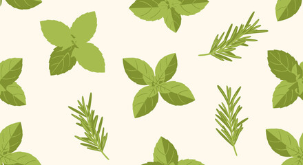 Minimalist Vector Pattern with Mint and Rosemary Botanical Elements in Organic Style © Risca