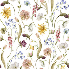 Watercolor floral seamless pattern. Hand painted leaves, meadow flowers, tulips. isolated on white background. Botanical illustration for textile, print, digital paper