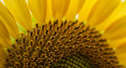 Close-up Macro Photography of Vibrant Yellow Sunflower Disc Florets, Warm Golden Hues, Summer Nature Detail