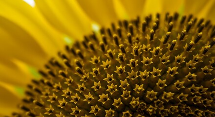 Close-up Macro Photography of Sunflower Center, Golden Yellow Hues, Warm Natural Light, Detailed Texture, Summer Bloom.