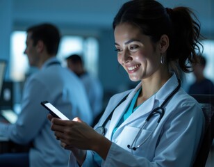 Mobile medical software Happy woman doctor use telehealth app on phone at workplace manage electronic prescription communicate with healthcare team text message to patient calculate medication dosage