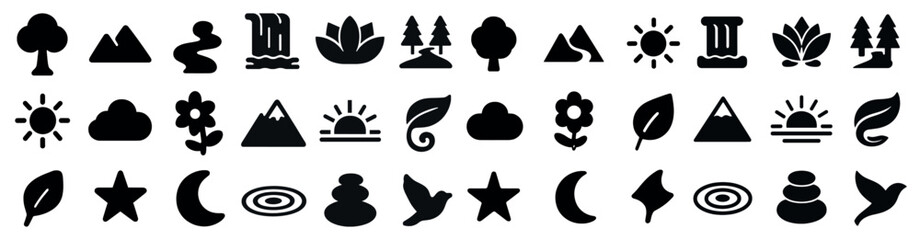 Nature and environment silhouette icons set – solid, filled, eco and landscape symbols