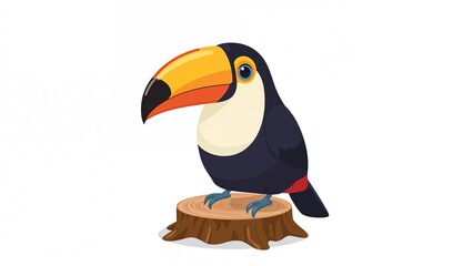 Fototapeta premium Lovely toucan positioned on a stump in a clean, flat cartoon form