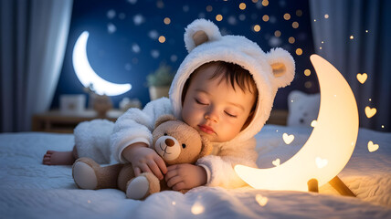 Adorable baby sleeping with teddy bear under moonlight in dreamy nursery