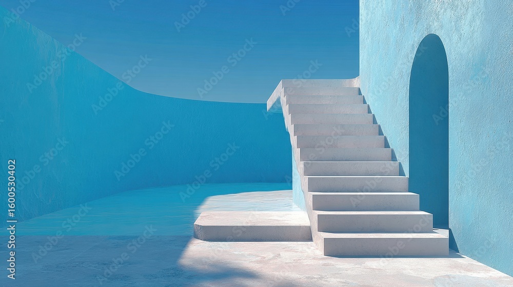 Poster step into another dimension showcasing pristine white staircase ascending towards a brightly lit ora