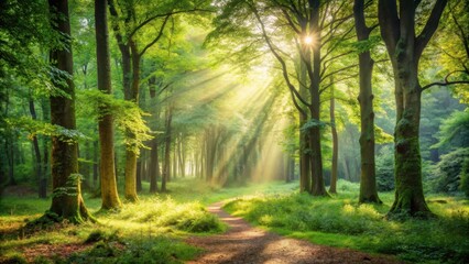 Fototapeta premium Muted foliage and dappled light in a serene forest clearing