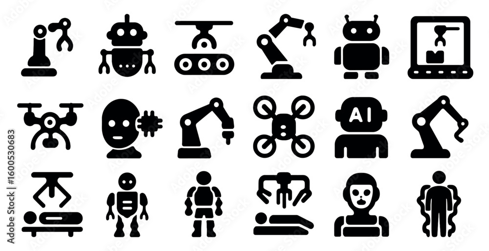 Poster robotics and ai solid icons set – flat, filled, automation and technology symbols