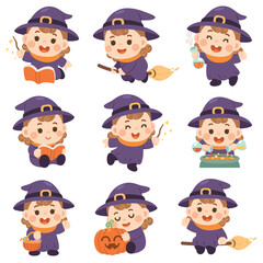 Set of Cute Witch Girl in 9 Magical Poses – Halloween Cartoon Character Collection