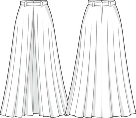 Long pleated skirt fashion sketch front and back views, waistband detail, sewing pattern layout, cad drawing flat vector illustration