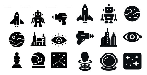 Space exploration icons set in solid style – cosmic, astronomy, galaxy symbols