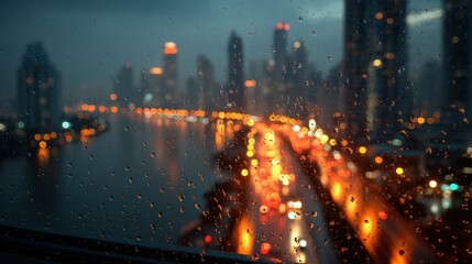 Raindrops on window overlooking Bangkok at night, with a river and traffic crossing a bridge in the distance, the city lights reflecting in the Chao Phraya River