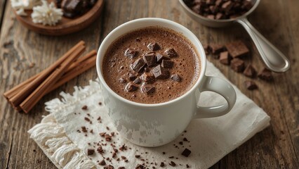 Warm homemade chocolate beverage with dark chocolate chunks and spices on a rustic linen surface.