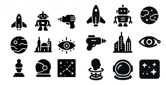 Space exploration icons set in solid style – cosmic, astronomy, galaxy symbols