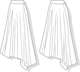 Women’s asymmetrical skirt fashion sketch front and back views with high-low hemline, sewing layout, cad drawing flat vector illustration