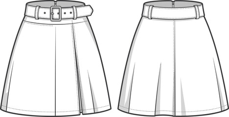 Women’s pleated and belted skirt fashion sketch front and back views, waistband detail, sewing layout, cad drawing flat vector illustration