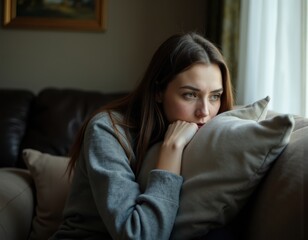Serious pensive young woman thinking on problem hugs cushion seated on couch at home deep on sad thoughts staring out window looks depressed frustrated misses her beloved feels lonely Solitude