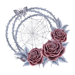 A floral arrangement with burgundy roses, a spiked stem entwined with cobwebs and a moth. Watercolor illustration in gray tones.