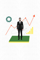Vertical artwork trend collage of happy businessman stand chart arrow development statistics...