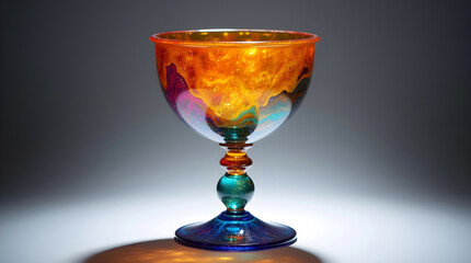 Vibrant gradient glass goblet with flared rim and ornate stem displayed on gray background