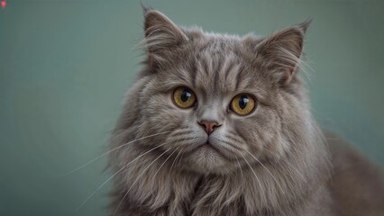 Close-up shot of an adorable grey fluffy cat gazing into the lens. Royalty-free video. Pet animals theme
