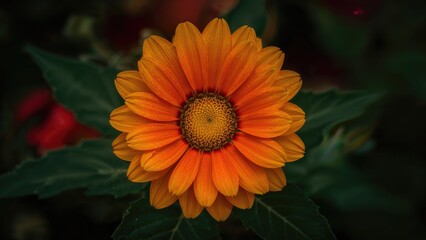 Zoomed-in picture of a flower in full bloom, highlighting its vivid yellow center and warm red-orange petals against lush green leaves
