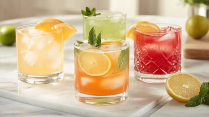 Colorful refreshing cocktails with fruit slices and ice cubes displayed