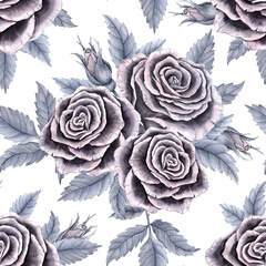 Seamless pattern with roses and leaves in shades of grey. Watercolor illustration for fabric, packaging, cover, tapestry.