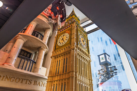 Intricate life size Lego Big Ben tower rises inside vibrant store display. London, UK, 2 June 2024