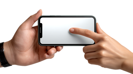 Hands holding a smartphone with a blank screen isolated on transparent background