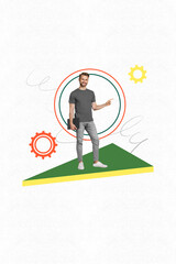 Art image vertical photo collage of happy businessman hold laptop stand colorful gearwheel...