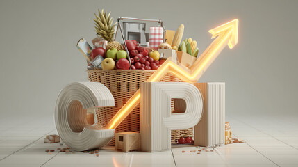 Cpi letters with rising arrow and basket full of groceries indicating inflation and economic growth