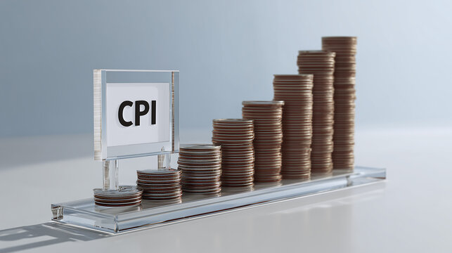 A visual representation of cpi with stacked coins resembling a bar graph next to a cpi sign on a surface