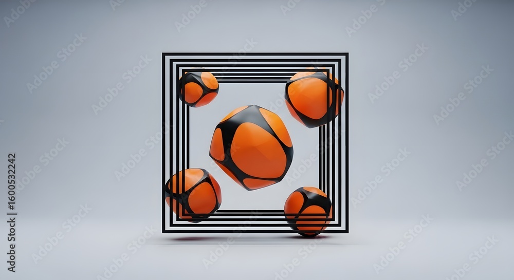 Aufkleber abstract orange and black geometric shapes floating inside a black square frame on gray background