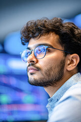 A young man with glasses intently studying multiple screens displaying financial data in a modern office setting.