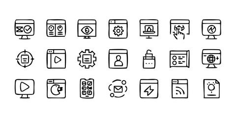 A line-style set of digital marketing web icons. Social media, networking, feedback, communication, marketing, and e-commerce. Vector illustrations.