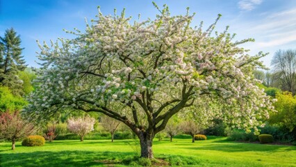 Fototapeta premium A mature apple tree stands tall in a lush garden