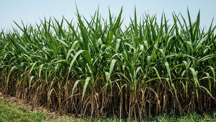 Fototapeta premium Sugarcane field with dense green foliage and exposed roots under blue sky on a sunny day in agricultural landscape