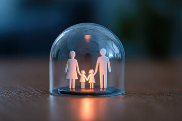 A miniature family of four figures is protected under a transparent glass dome on a wooden surface, symbolizing safety and care.