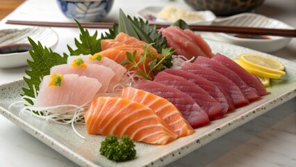 A beautifully arranged platter of assorted sashimi featuring salmon, tuna, and white fish garnished with herbs and lemon slices.