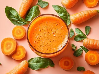 Freshly squeezed carrot juice in a clear glass with organic carrot slices and greens in a lifestyle setting.